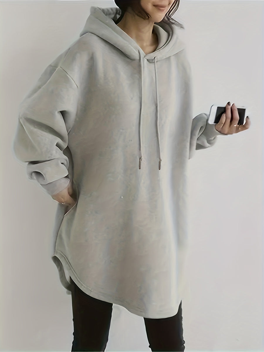 Plus Size, Women's Soft Hooded Sweatshirt - Comfortable Long Bell Sleeve Pullover, Drop Shoulder Design, Autumn Winter Casual , Machine Washable Durable Comfort Fabric - Light Grey