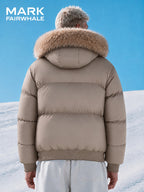 MARK FAIRWHALE Detachable Faux Fur Collar Mock Jacket, Winter Thickened Warm Coat, Small Logo Loose Casual Men'S Outerwear - Coffee Color