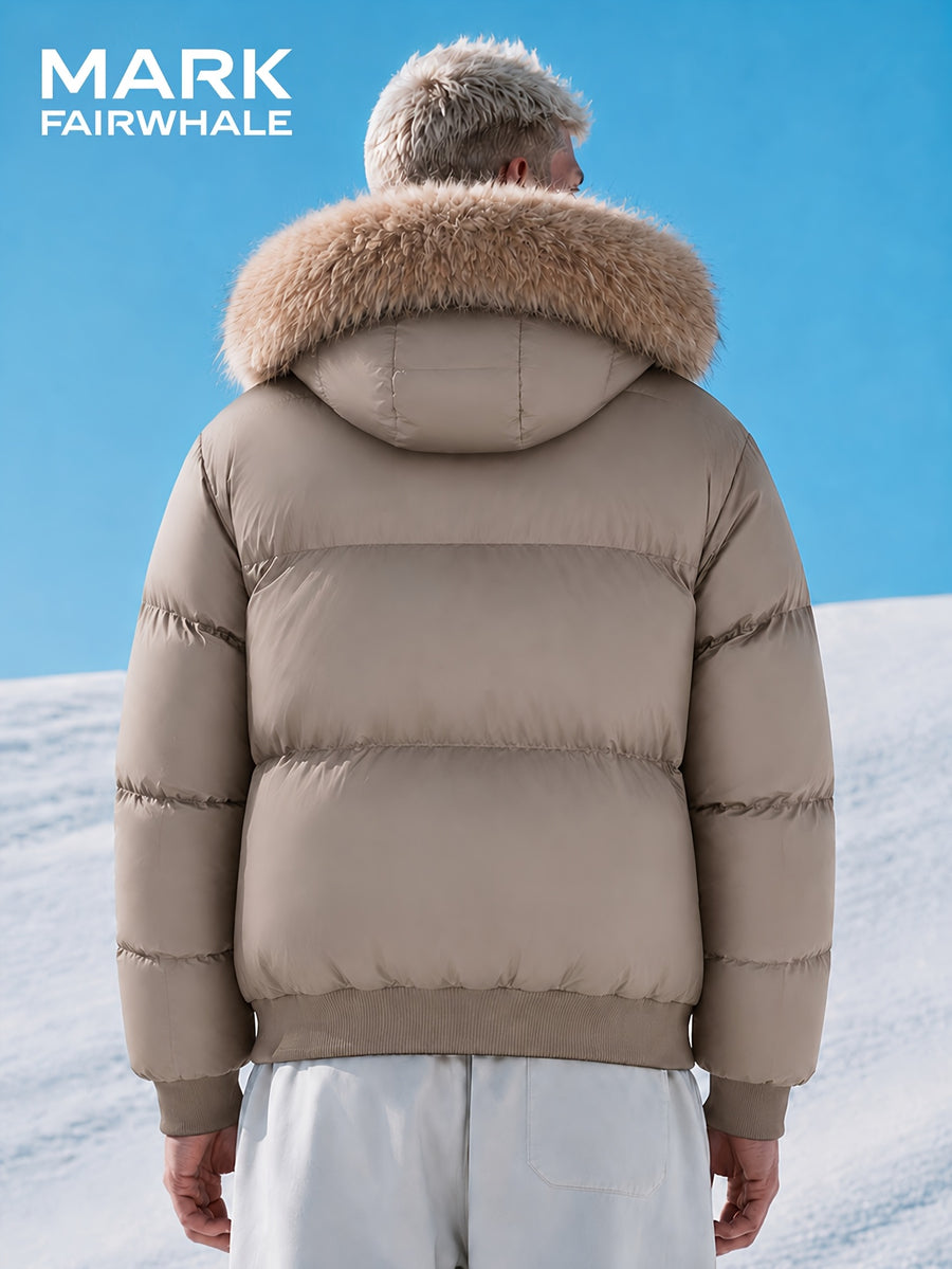 MARK FAIRWHALE Detachable Faux Fur Collar Mock Jacket, Winter Thickened Warm Coat, Small Logo Loose Casual Men'S Outerwear - Coffee Color