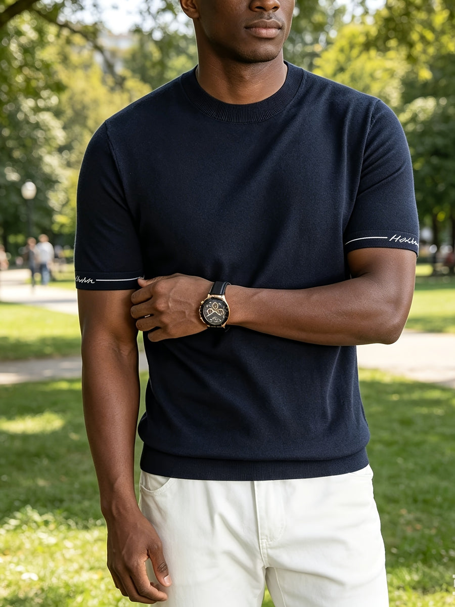 Men'S Easy Business Casual Round Neck Knit Short Sleeve T-Shirt, Skin-Friendly Fresh Regular Fit Durable, Summer Commute Office Client Meeting Family Gathering Short Distance Travel Shopping Date Daily Top - Dark Blue
