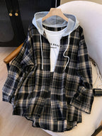 Plus Size, Spring Women's New Arrival Clothing, Autumn Women's Fashion Casual Wear, Plaid Hooded Long-Sleeve Shirt, Plus Size Women's Shirt, Oversized Top, Autumn Hooded Cardigan, Fashion Plaid Shirt, Korean Style Women's Clothing, Women's Winter - Black