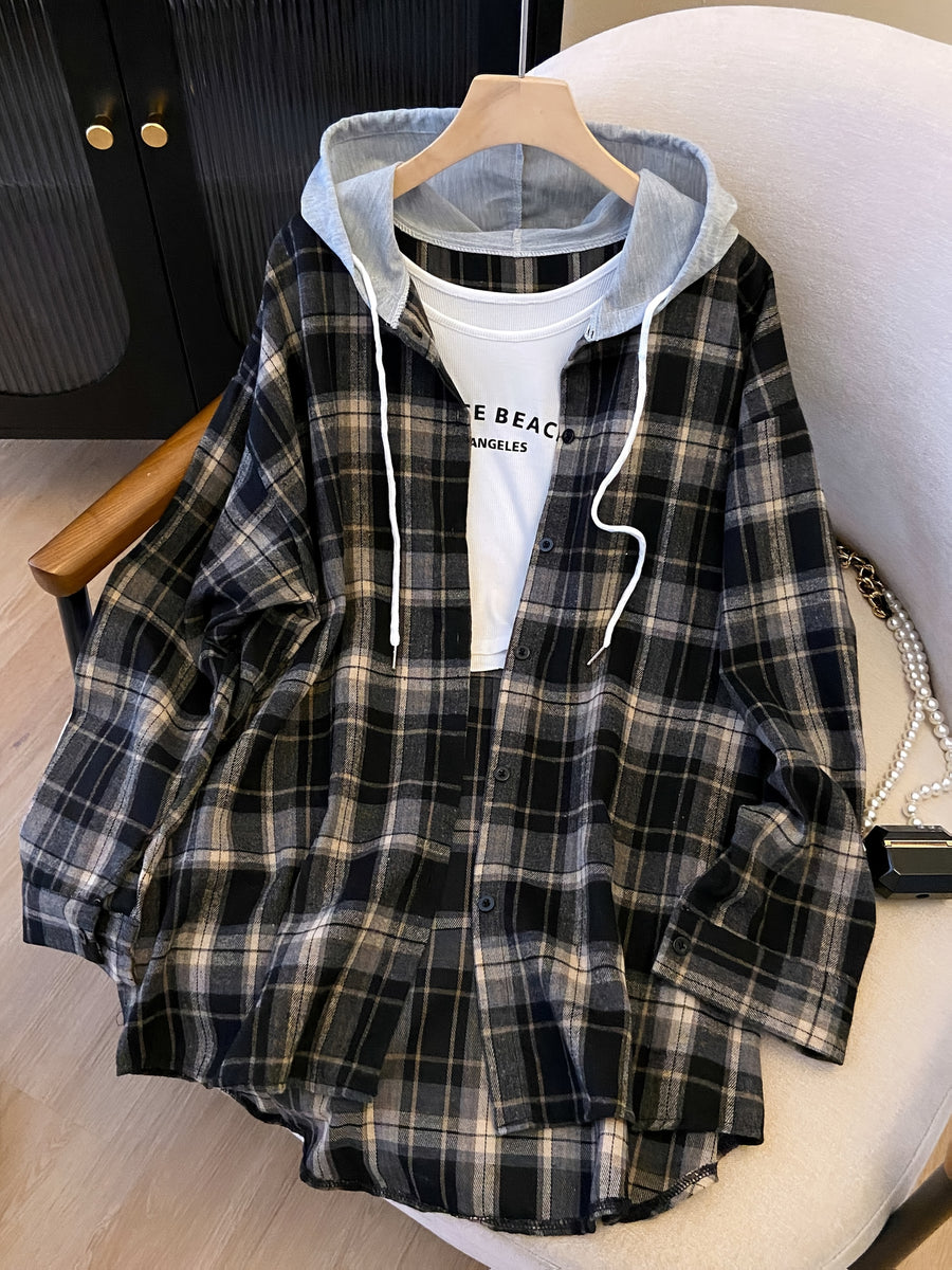 Plus Size, Spring Women's New Arrival Clothing, Autumn Women's Fashion Casual Wear, Plaid Hooded Long-Sleeve Shirt, Plus Size Women's Shirt, Oversized Top, Autumn Hooded Cardigan, Fashion Plaid Shirt, Korean Style Women's Clothing, Women's Winter - Black