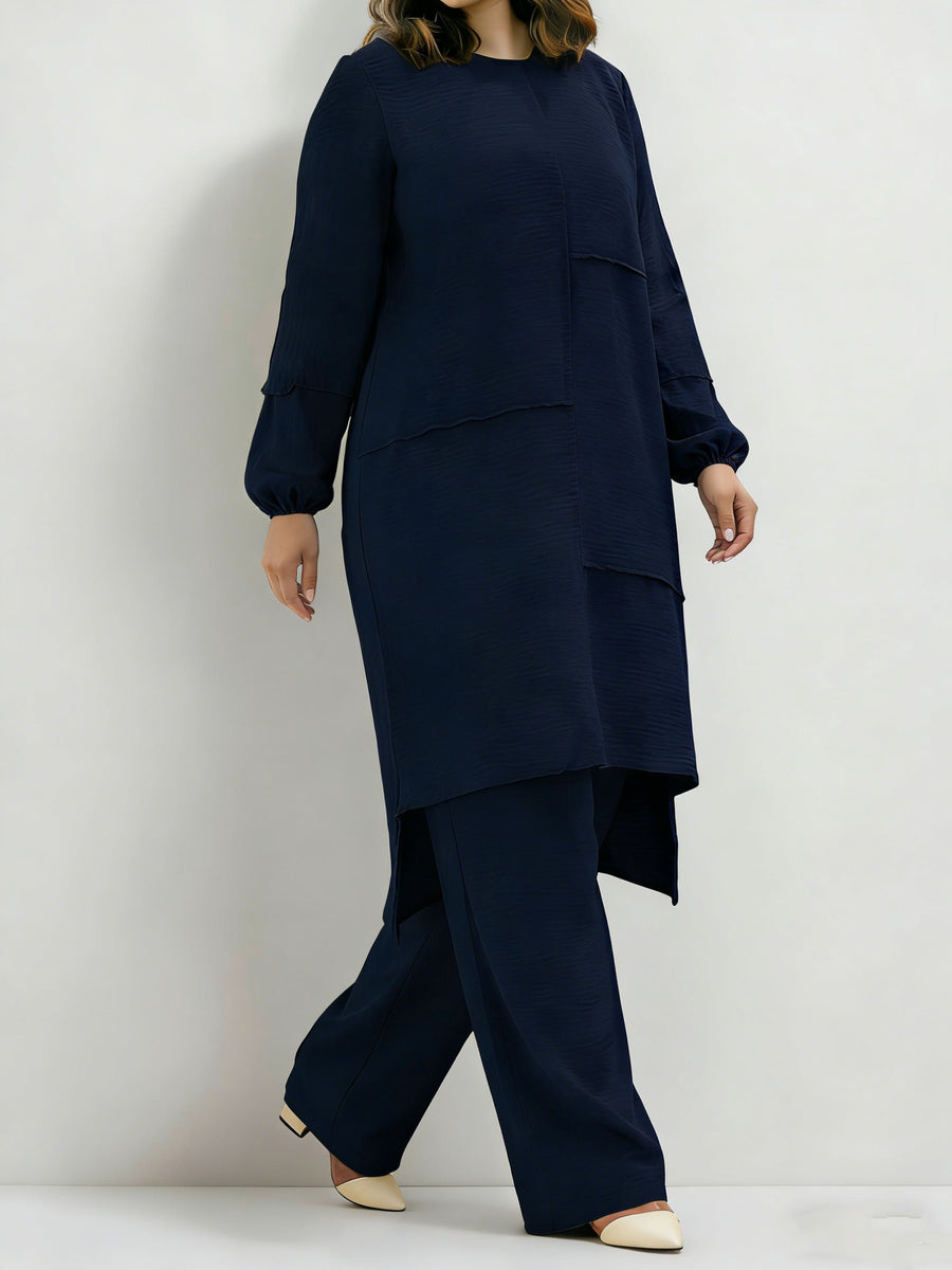 Eid Muslim 2pcs Jilbab Set | Modest Abaya with Wide Leg Pants | Traditional Daily Commute Wear - Navy Color