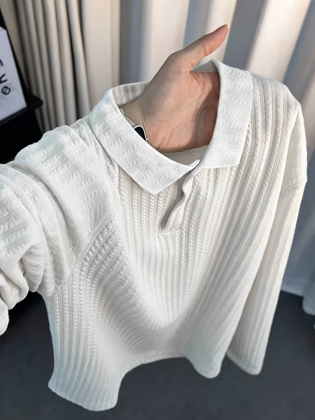Men'S Sweatshirt, Vintage Textured Collar T-Shirt, Autumn Trendy Brand Slim Fit Top, Casual Versatile Premium Long Sleeve - White