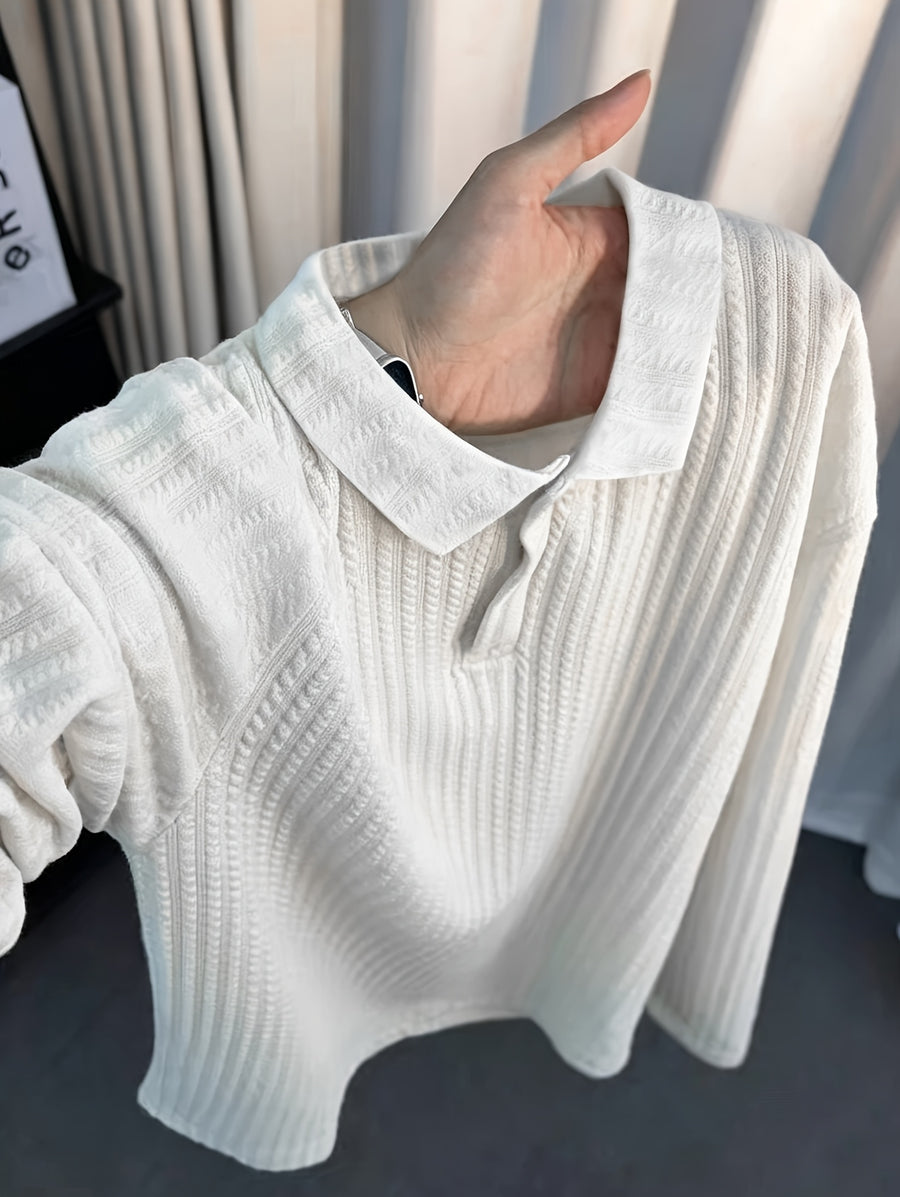 Men'S Sweatshirt, Vintage Textured Collar T-Shirt, Autumn Trendy Brand Slim Fit Top, Casual Versatile Premium Long Sleeve - White