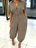 Summer Lapel Short-sleeve Printed Jumpsuit with Front Button Design, Comfortable to Wear, Elegant and Casual Overall for Women, Batwing Sleeve Design, Wide-leg Design with Front Tie, Suitable for Dates, Work, Vacations, Festivals, and Casual Wear - Khaki