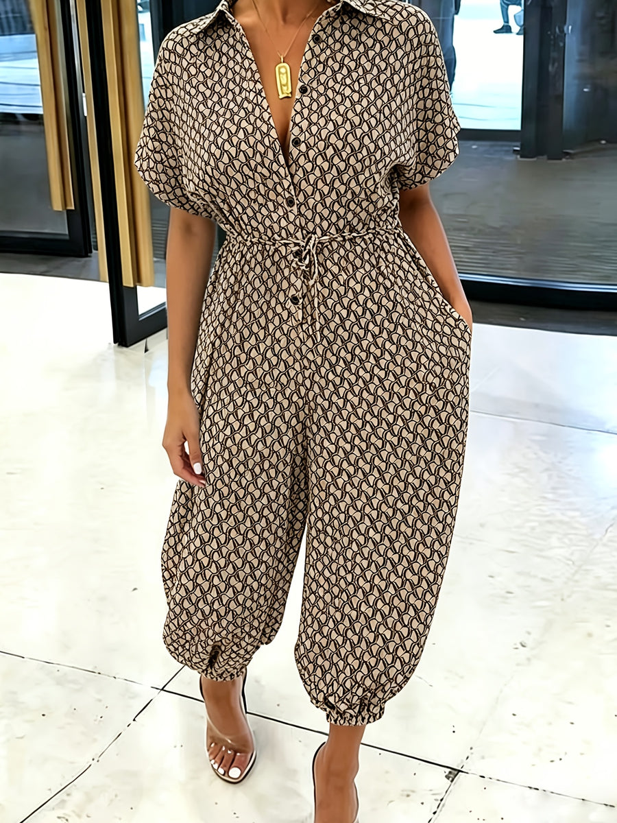 Summer Lapel Short-sleeve Printed Jumpsuit with Front Button Design, Comfortable to Wear, Elegant and Casual Overall for Women, Batwing Sleeve Design, Wide-leg Design with Front Tie, Suitable for Dates, Work, Vacations, Festivals, and Casual Wear - Khaki