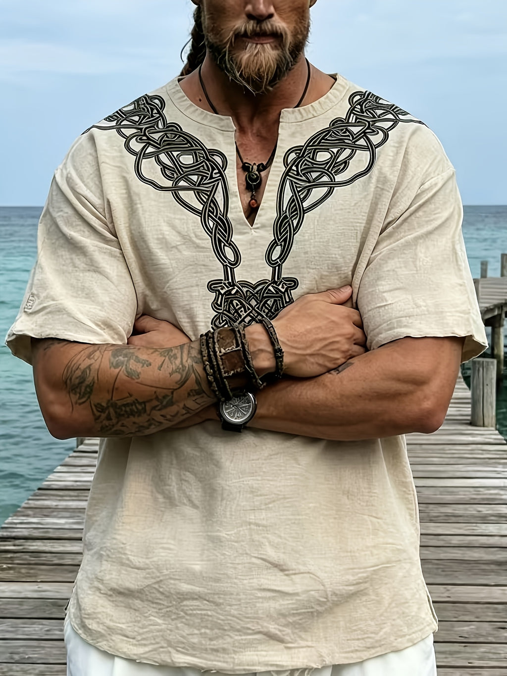 2026 Summer New Men'S Ethnic Style Short Sleeve Print V-Neck T-Shirt, Loose Casual Top - Apricot