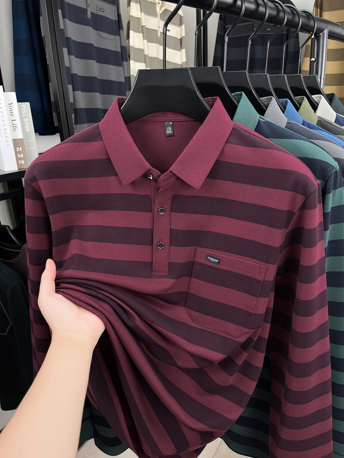 Minimalist Urban Striped Long-Sleeve Polo Shirt for Portable Daily Commuting - Red