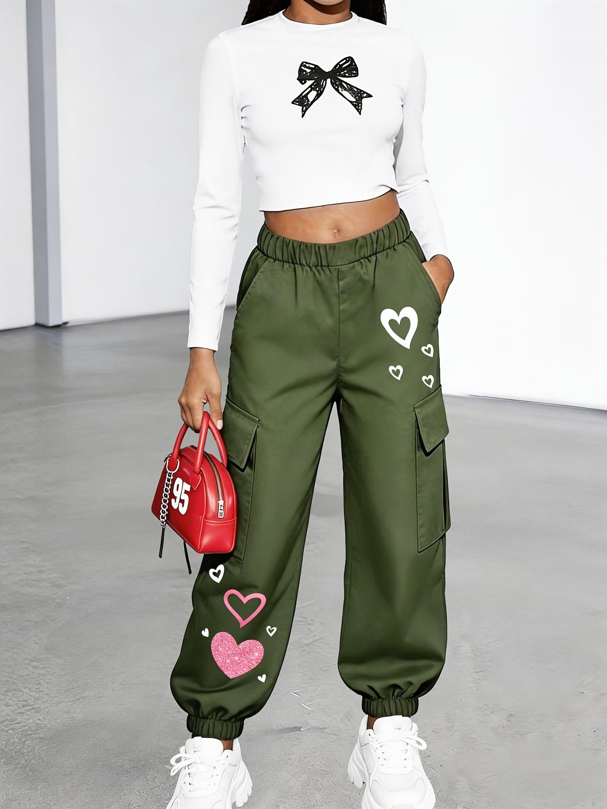 New Arrival - Women's Cargo Pants Sold Individually, Cute and Fun Heart Print Work Pants with Multiple Pockets, Cargo Pants Style, Long Pants for Fashionable Aged 18-25, Machine Washable, Durable Fabric - Suitable for Spring and Summer - Olive Green