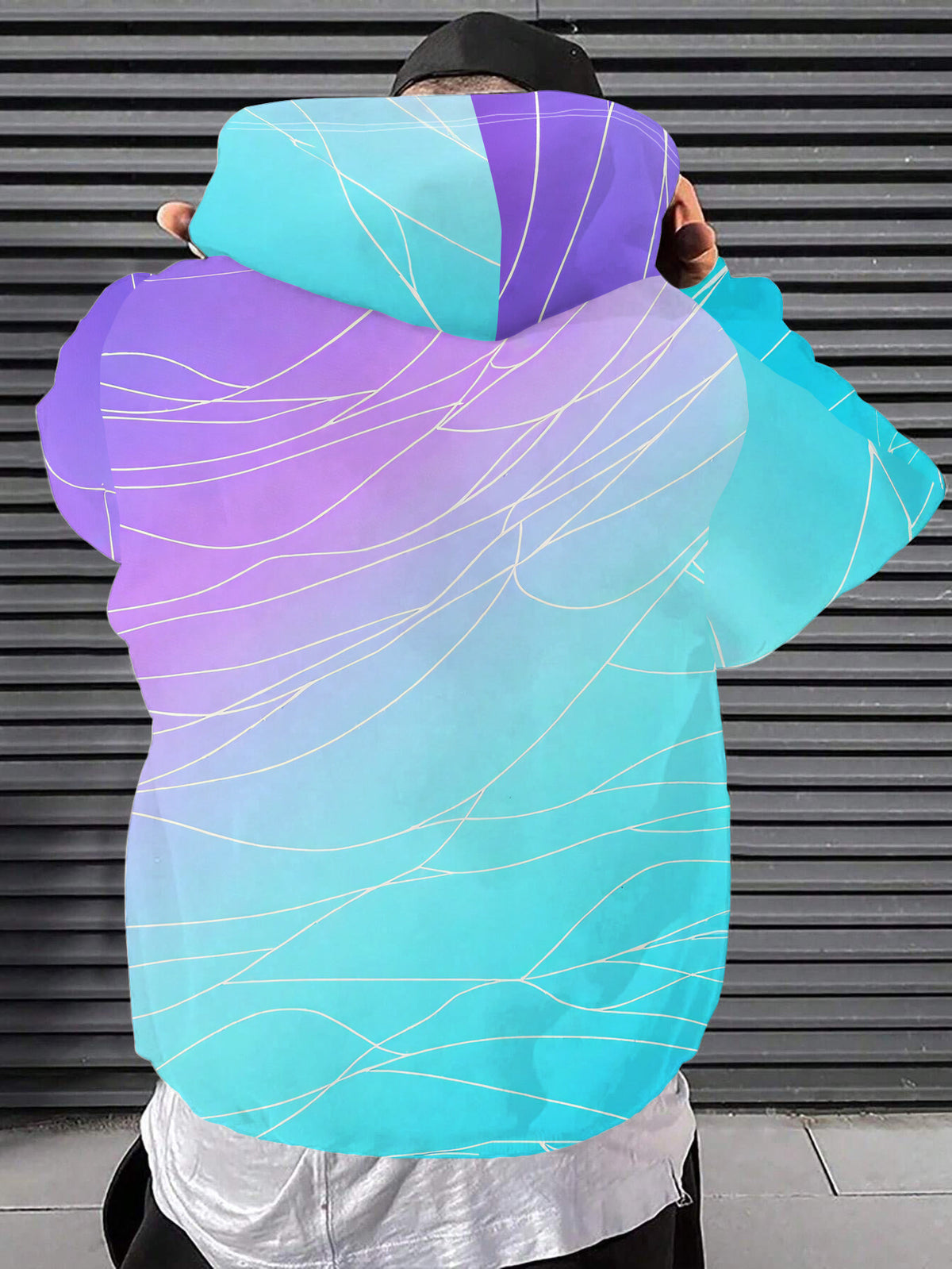 Men's Purple-Blue Gradient Fine Line All-Over Print Hoodie with Drawstring and Kangaroo Pocket, Loose Drop-Shoulder Long Sleeve Sweatshirt, Full-Body Creative Print, Autumn/Winter Casual Top, Streetwear Fashion, Comfortable and Breathable Fabric - Mixed colors