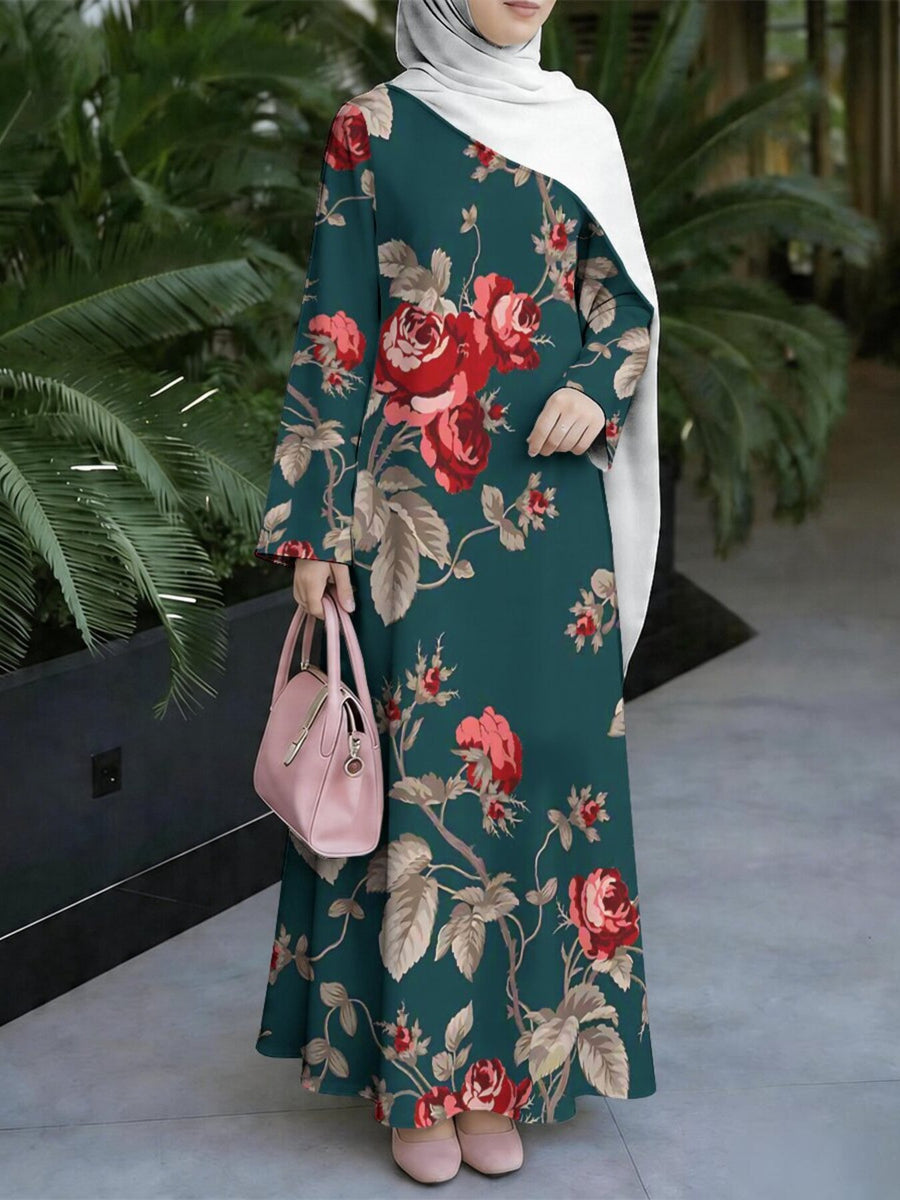 Women'S Hot Middle Eastern Style Muslim Elegant Robe, Dark Green Background with Vintage Red Roses All-Over Print, Loose A-Line Long Sleeve, for Festivals, Worship, Visiting Friends, Structured Smooth Non- Craft - Mixed colors