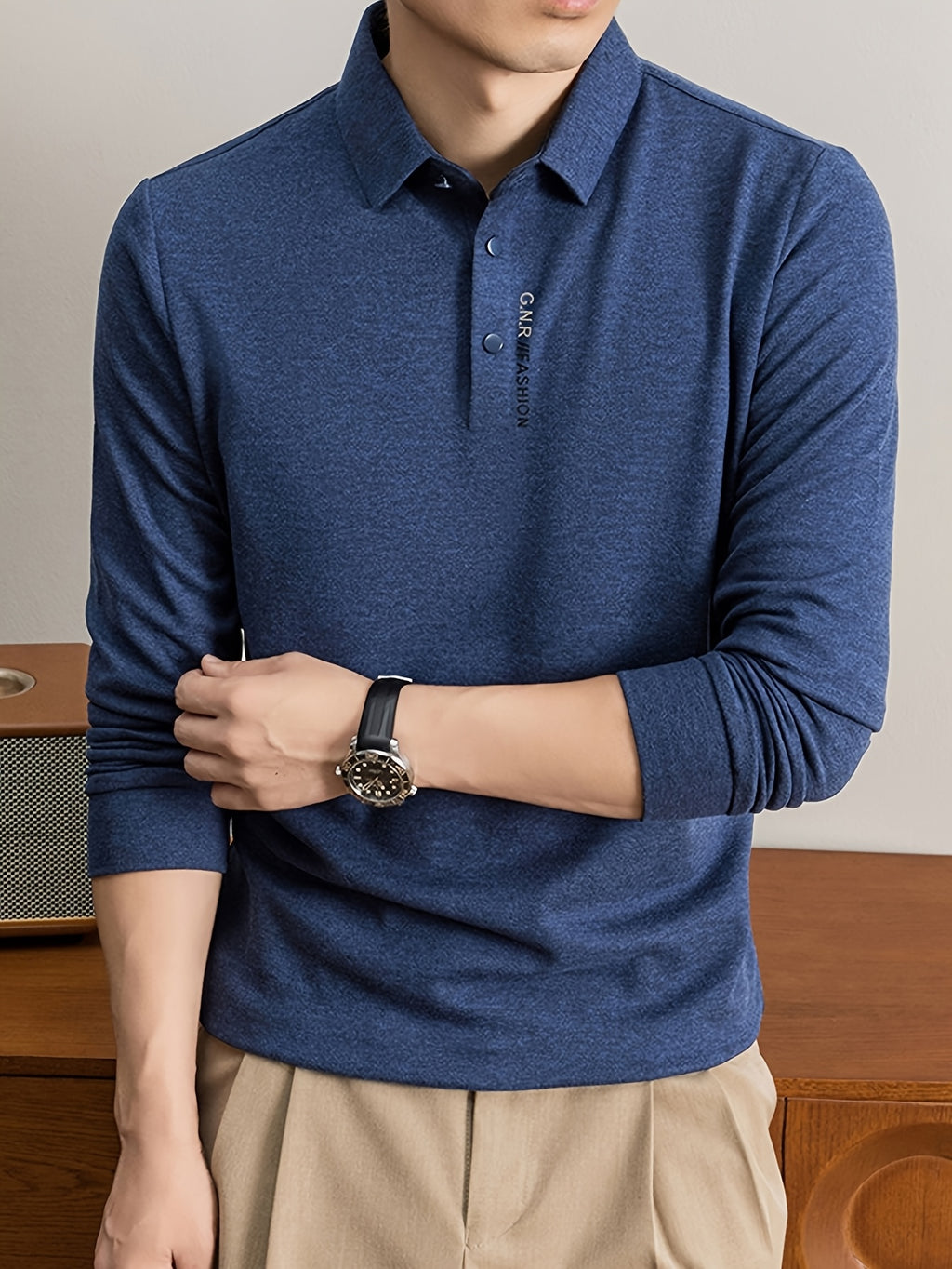 Men'S Lapel Long Sleeve Polo Shirt, Classic Small Lapel, 3-Button Placket, Business Commute And Casual Wear - SINBOS - Dark Blue