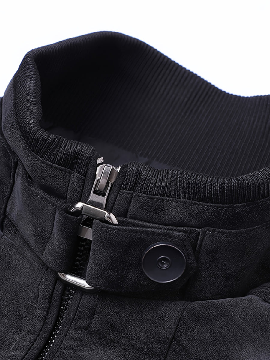 Spring Autumn Retro Distressed PU Jacket, Suitable for Biker, Outings, And Dates, Multi-Pocket Zipper Fashion Stand-Collar Versatile Coat - Black