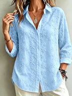Women'S Vintage Loose Classic Shirt, Long Sleeve Lapel Embroidery Elegant Casual Office Commute Preppy Fashion All-Season Blouse - Light Blue