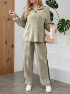 A Stylish And Casual Two-Piece Set for Women Featuring a Zip Collar Long-Sleeve Top And Wide-Leg Pants, Made from Soft, Skin-Friendly Fabric with a Vertical Stripe Texture, Perfect for Everyday Outings - Khaki