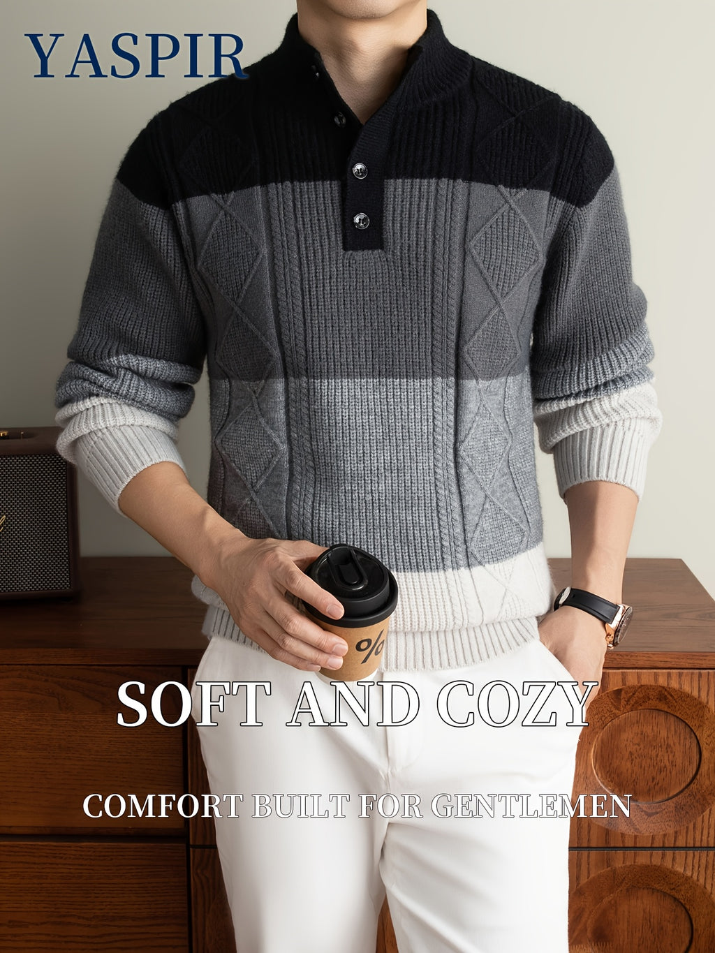 Autumn Winter Men'S High Neck Henley Long Sleeve Pullover Sweater Thick Heavyweight Style, Color-Block Jacquard Design, Casual Elegant Old Money Style, Warm And Cold-Resistant, Suitable for Daily Leisure Sports Outdoor Camping Fishing Wear, Knit - Black