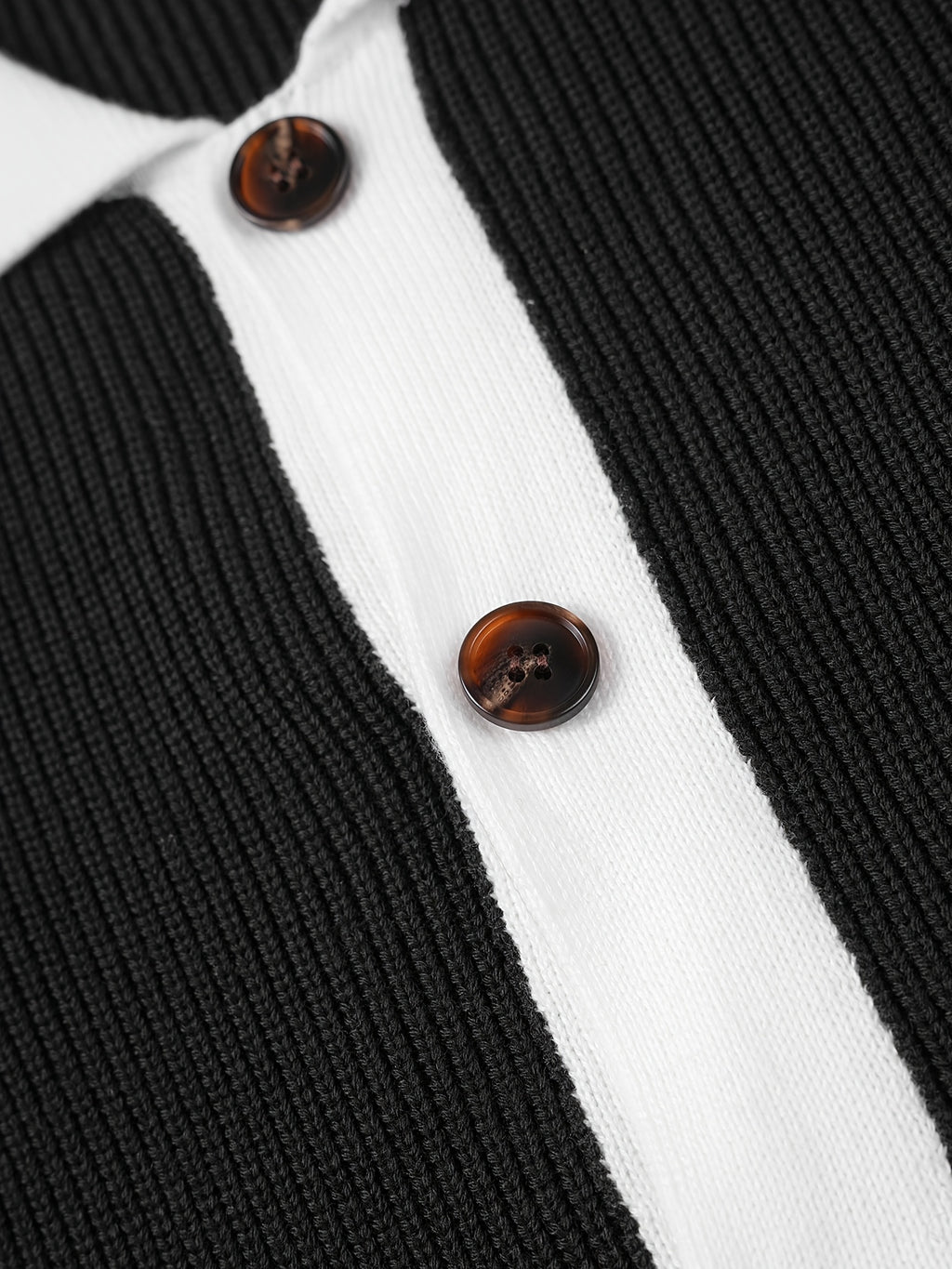 1pc Men'S Black And White Color-Block Soft Knit Fabric, Knit Cardigan Sweater, Lapel, Button-Front Closure, Striped Cuffs And Hem, Ribbed Texture, Business Casual Preppy Style, Autumn/Winter, Loose Regular Fit, Suitable for Daily Wear, Office - Black