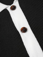 1pc Men'S Black And White Color-Block Soft Knit Fabric, Knit Cardigan Sweater, Lapel, Button-Front Closure, Striped Cuffs And Hem, Ribbed Texture, Business Casual Preppy Style, Autumn/Winter, Loose Regular Fit, Suitable for Daily Wear, Office - Black