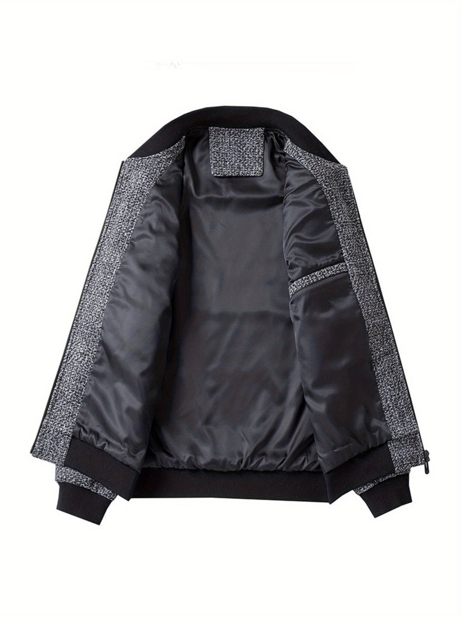 1pc TNZI Men's Spring, Autumn and Winter Wool Stand-up Collar Casual Wool Overcoat, Zipper Jacket, Loose and Versatile Fashionable Jacket, Work Jacket, Men's Large-sized Simple Long-sleeved Comfortable Jacket - Black