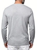 Men's Henley Neck Long Sleeve T-Shirt, Spring/Autumn Three-Button Casual Base Layer, Slim Fit Versatile Top with Left Chest Pocket - Light Grey