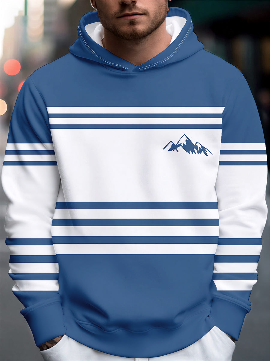 4 Styles, Men's Long Sleeve Casual Hoodies with Fresh Mountain Pattern with Contrasting Horizontal Stripes Prints, Trendy Printed Hooded Jackets, Sporty and Fashionable Style, Spring and Autumn Tops for Daily Casual Outfits. - Blue