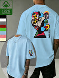 Summer High-Quality Fine Stitching Pure Cotton Casual Three-Dimensional Color-Block Picasso-Style Abstract Face Illustration Short-Sleeve Simple Streetwear Brand Printed Fashion Sporty Trendy Versatile Half-Sleeve Breathable T-Shirt Comfortable Home - Light Blue