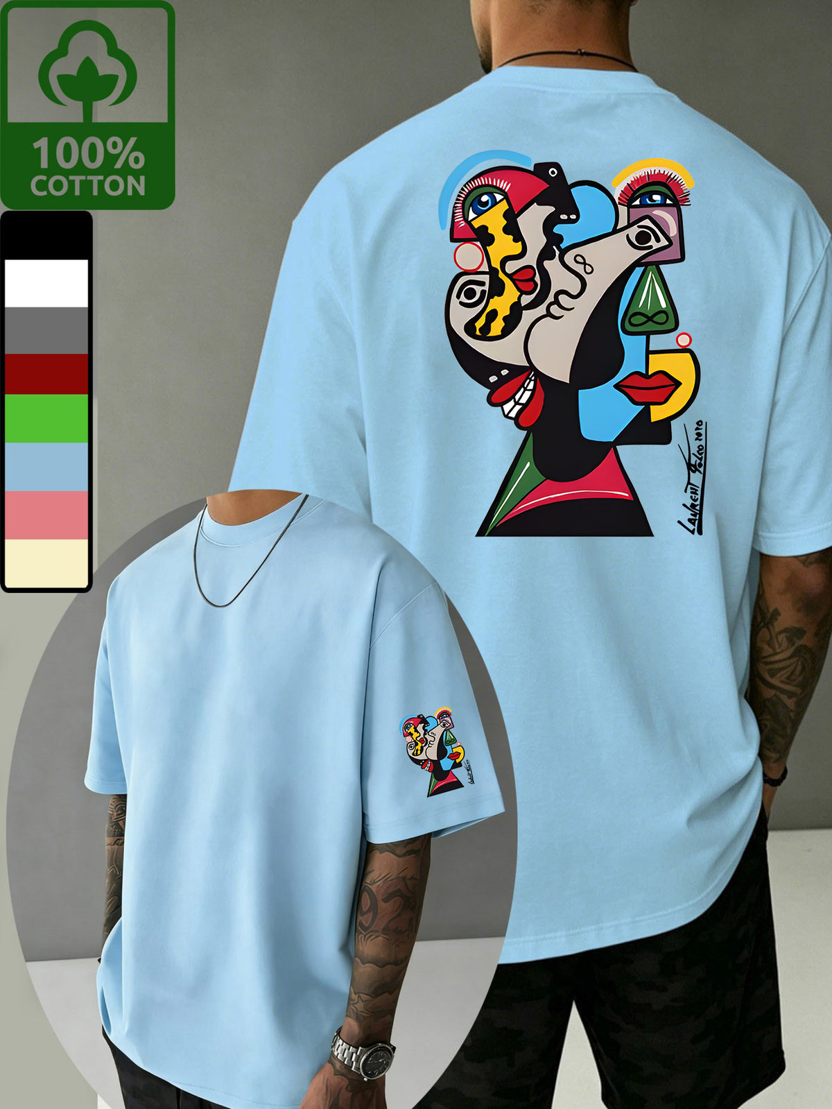 Summer High-Quality Fine Stitching Pure Cotton Casual Three-Dimensional Color-Block Picasso-Style Abstract Face Illustration Short-Sleeve Simple Streetwear Brand Printed Fashion Sporty Trendy Versatile Half-Sleeve Breathable T-Shirt Comfortable Home - Light Blue