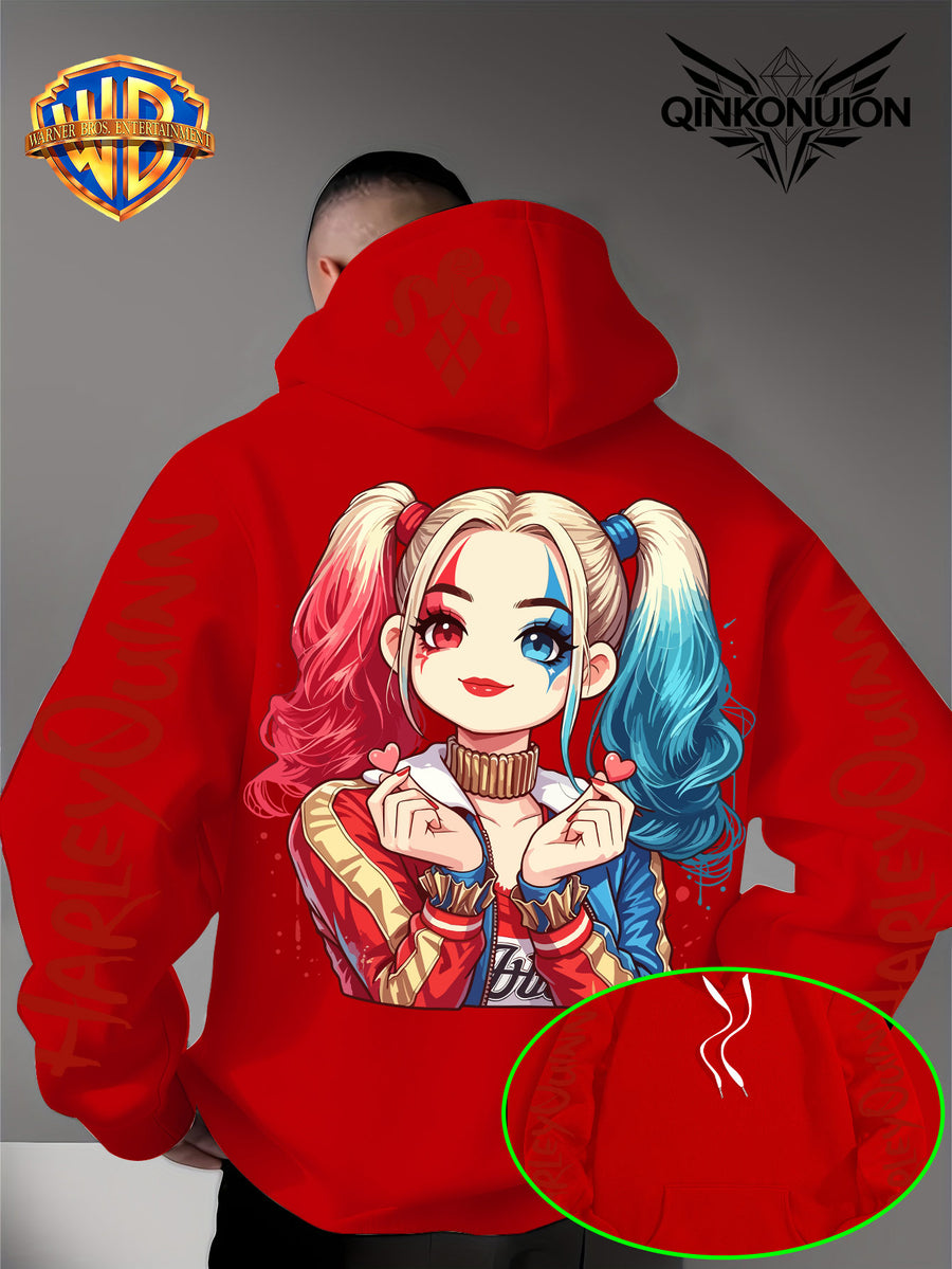 Warner Official Men'S Hoodie, Q-Version Quinn Red Blue Double Ponytail Cute Print Design, Machine Washable, Warm And Casual for Autumn And Winter, Daily Drawstring Hoodie, Multifunctional Sports And Casual Loose Fit - Red