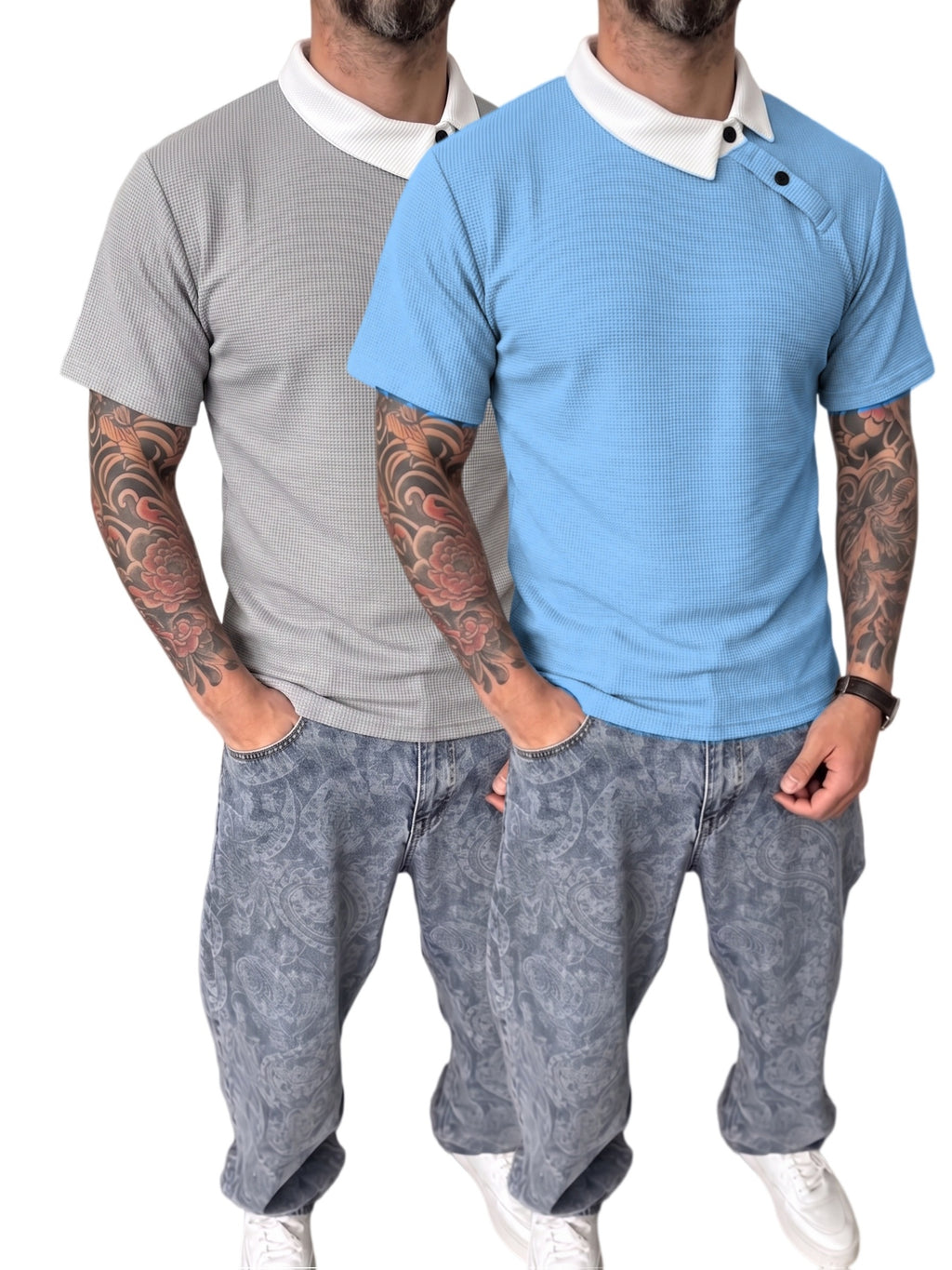 [Shule Water OBM] [Summer 2026 New 2pcs Set] Men'S Waffle Knit Off-Shoulder Button-Up Polo Shirt - Gray Blue
