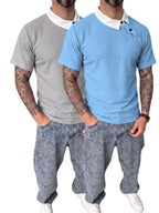 [Shule Water OBM] [Summer 2026 New 2pcs Set] Men'S Waffle Knit Off-Shoulder Button-Up Polo Shirt - Gray Blue