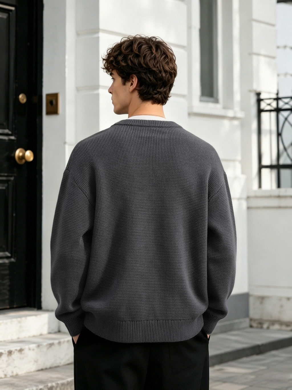 OBM Premium Gray Round Neck Short Knit Cardigan Men'S Fall Winter Loose Lazy Style Single-Button Soft Versatile Casual Sweater Coat - Dark Gray