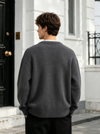 OBM Premium Gray Round Neck Short Knit Cardigan Men'S Fall Winter Loose Lazy Style Single-Button Soft Versatile Casual Sweater Coat - Dark Gray