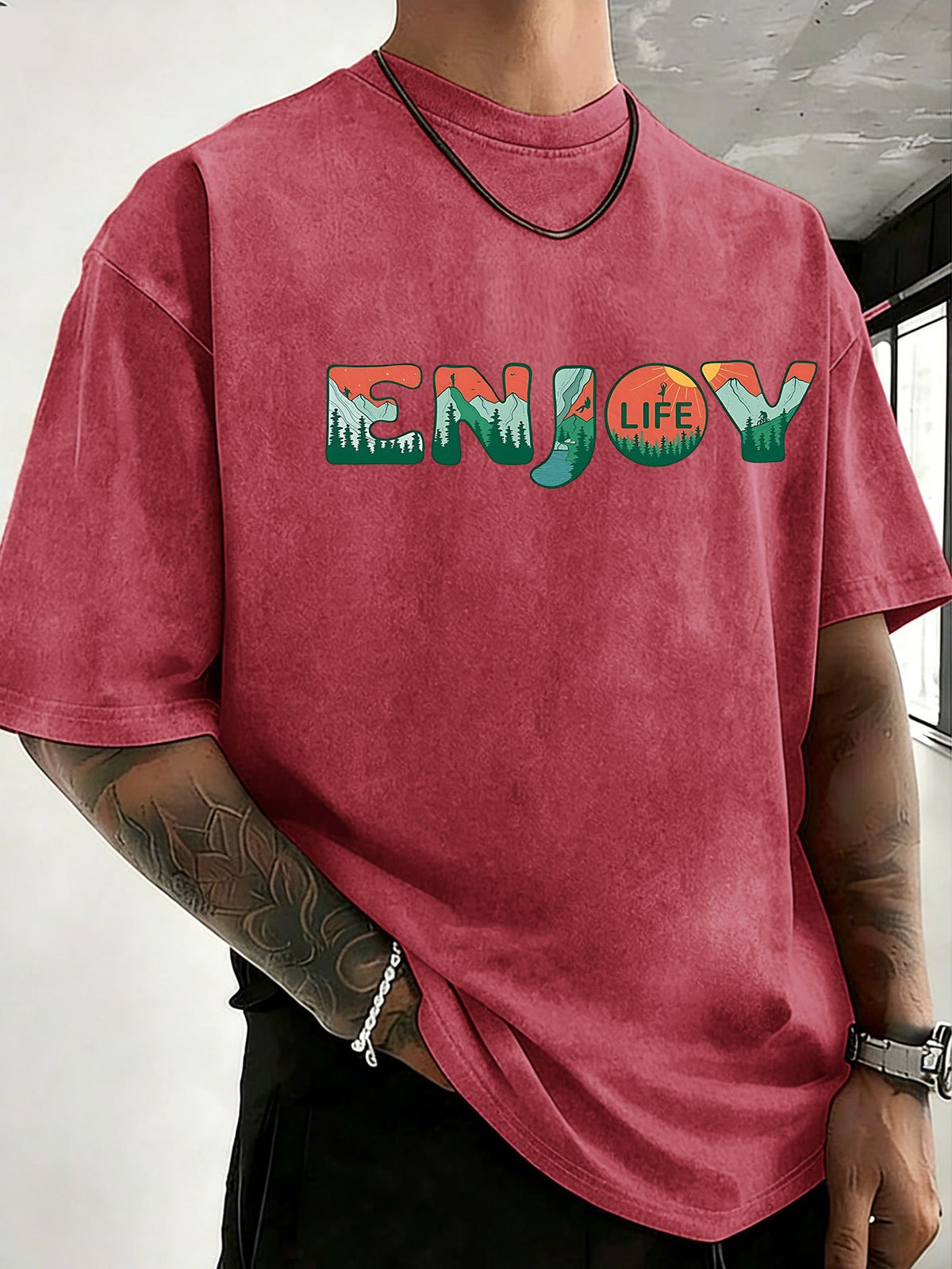 Loose Short Sleeve T-Shirt Men'S Heavyweight Pure Washed Distressed Top Trendy Double-Sided Print 12 Colors Free to Match Street Hip-Hop Style Casual Outing Sports Fitness Commuting Couple Style American Street Short Sleeve - Red
