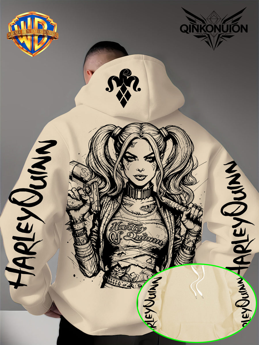 Warner Official Men'S Hoodie, Black And White Thread Draft Double Ponytail Quinn Hardcore Comic Print Design, Machine Washable, Warm And Casual for Autumn And Winter, Daily Drawstring Hoodie, Multi-Functional Sports And Leisure Loose Fit - Apricot