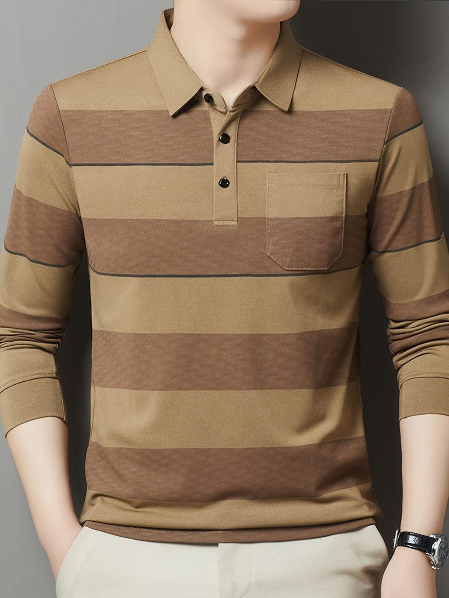 SaXing OBM Men's New Spring/Autumn Polo Shirt, Contrast Color Half-Open Placket Single-Breasted Polo Collar Long Sleeve Pullover Base Layer Top, Suitable for Spring, Summer, Autumn, and Winter Wear, Versatile for Daily and Casual Wear - Khaki 1