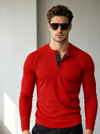 Men's Waffle Knit Henley Long Sleeve Shirts, Raglan Sleeve 3 Button Placket Crew Neck T-Shirt, Casual Slim Fit Lightweight Basic Tops for Daily Workout Outdoor Winter Clothes for Men - Red