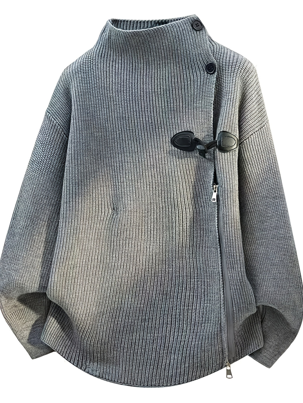Halloween, Christmas, Thanksgiving, Pre-heat Single-pc Youth Men's Acrylic Knit Cardigan with Irregular Diagonal Zipper, Available in Red, Gray, and Black, Vintage Solid Color Stand-Up Collar Loose Fit Thickened Sweater Coat, Two Collar Style - Grey