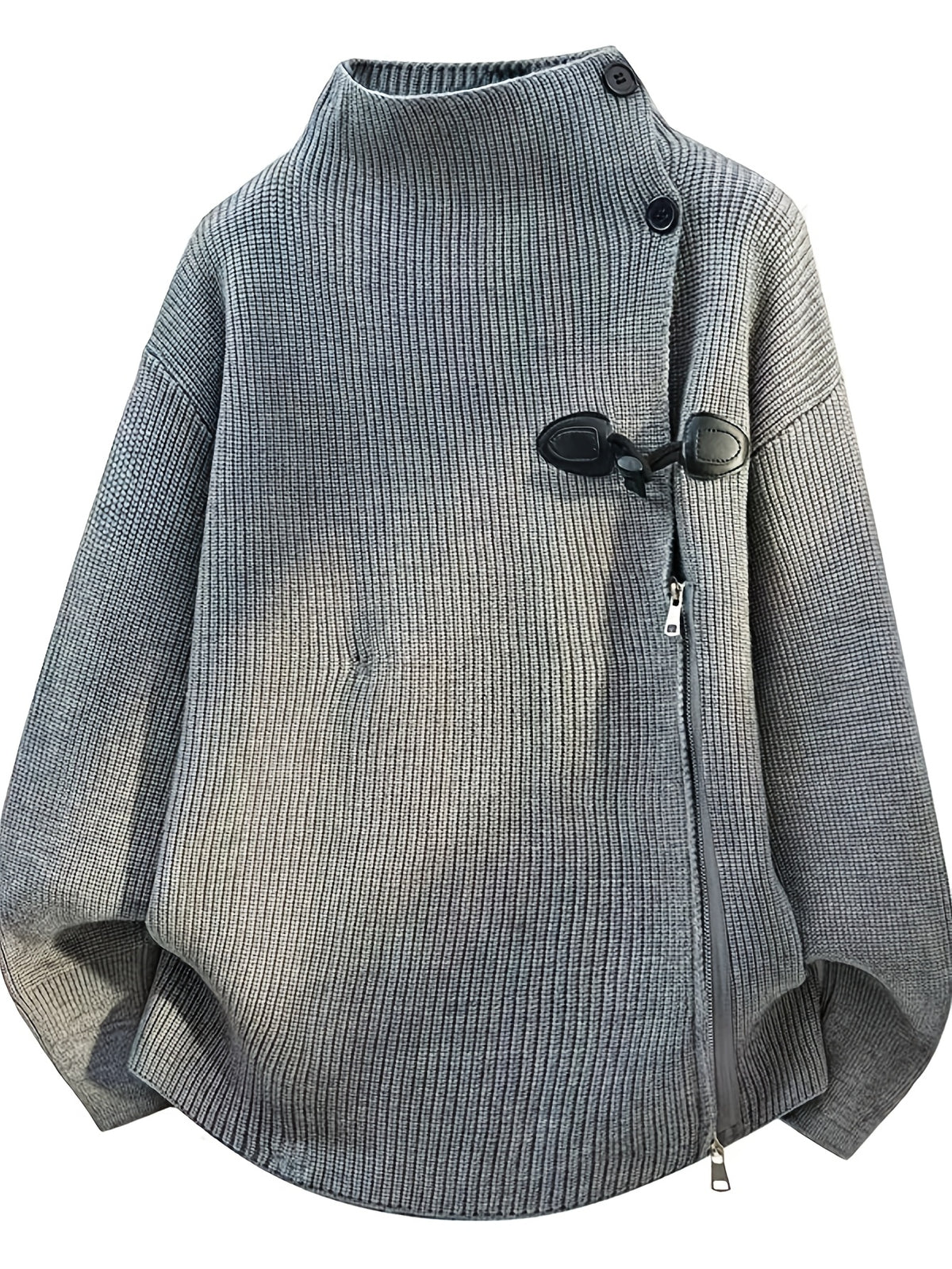 Halloween, Christmas, Thanksgiving, Pre-heat Single-pc Youth Men's Acrylic Knit Cardigan with Irregular Diagonal Zipper, Available in Red, Gray, and Black, Vintage Solid Color Stand-Up Collar Loose Fit Thickened Sweater Coat, Two Collar Style - Grey