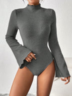 Solid Stand-Up Collar Ribbed Bodysuit - Dark Gray