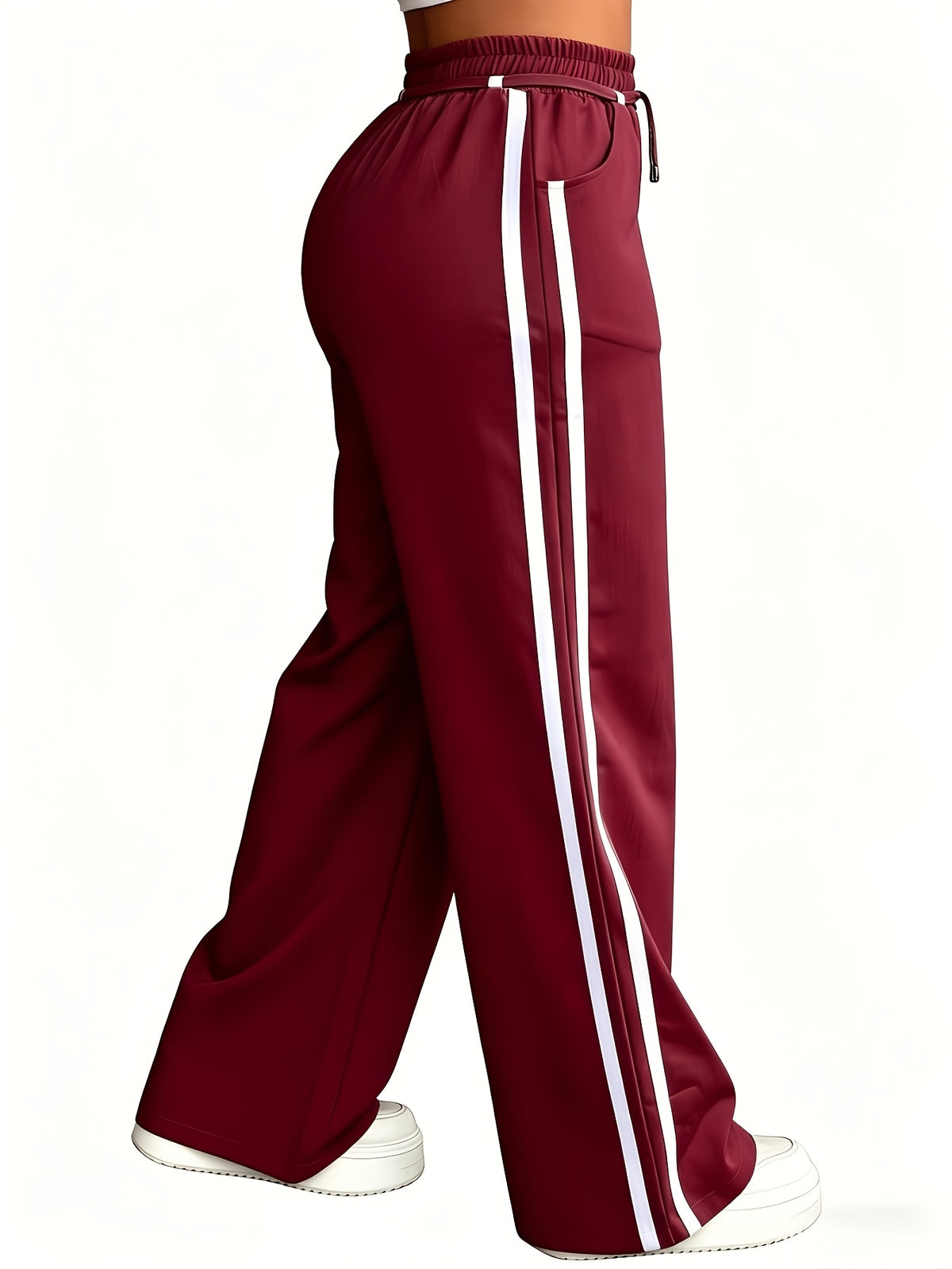 Women's Elastic High-Waist Drawstring Side Seam Drawstring Accent Casual Pants - Burgundy
