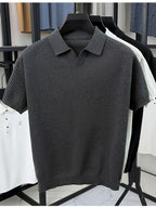 SaXing OBM Men's New Summer Style Polo Shirt, Old Money Style Textured Solid Color Ribbed Half-Placket Thin Breathable V-Neck Short Sleeve T-Shirt, Men's Fashionable Versatile Pullover Base Layer Top, Suitable for Summer Wear, Compatible with Daily - Dark Gray