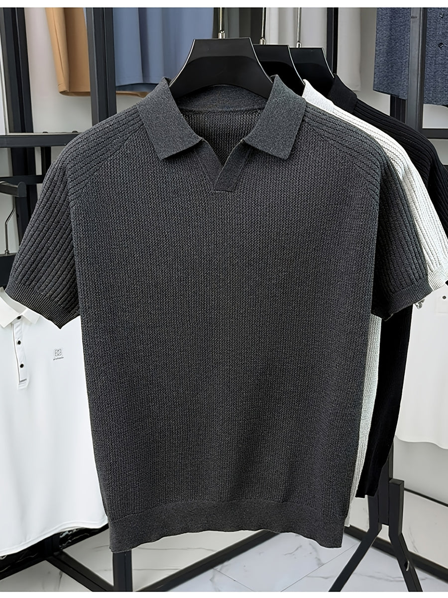 SaXing OBM Men's New Summer Style Polo Shirt, Old Money Style Textured Solid Color Ribbed Half-Placket Thin Breathable V-Neck Short Sleeve T-Shirt, Men's Fashionable Versatile Pullover Base Layer Top, Suitable for Summer Wear, Compatible with Daily - Dark Gray