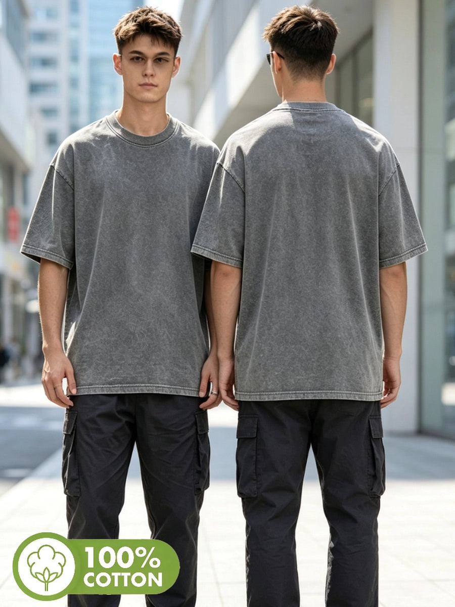 [Villa Joy Water OBM] Men'S Retro Washed Distressed Round Neck Short Sleeve T-Shirt, Loose Casual Heavyweight Basic Solid Color Short Sleeve Breathable Skin-Friendly All-Match Daily Commute Outerwear Inner Wear Men'S Top T-Shirt - Grey