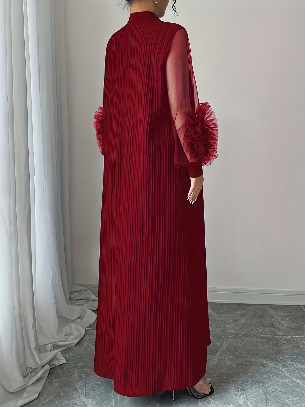 Women'S Stand-Up Collar Lantern Long-Sleeved Textured Fabric Splicing Mesh Hand-Cranked Three-Dimensional Embroidery Loose Comfortable And Elegant Senior Long Dresses - Burgundy