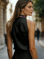Women's Floral Embroidered Stand Collar Sleeveless Blouse, Embroidered Top, Elegant Summer Outfit, Office and Commuting Attire, Pretty Blouse, Casual Elegance, Shirt - Black + Purple Embroidery