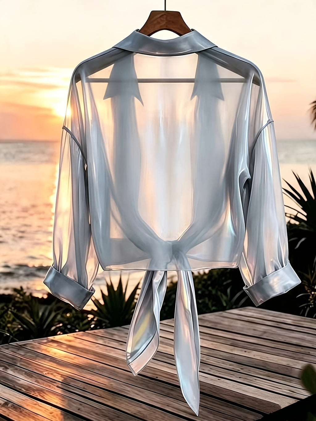 Premium Iridescent Elegant Sheer Chiffon Tie-String Casual Vacation Beautiful Blouse (Women'S Style) - Grey