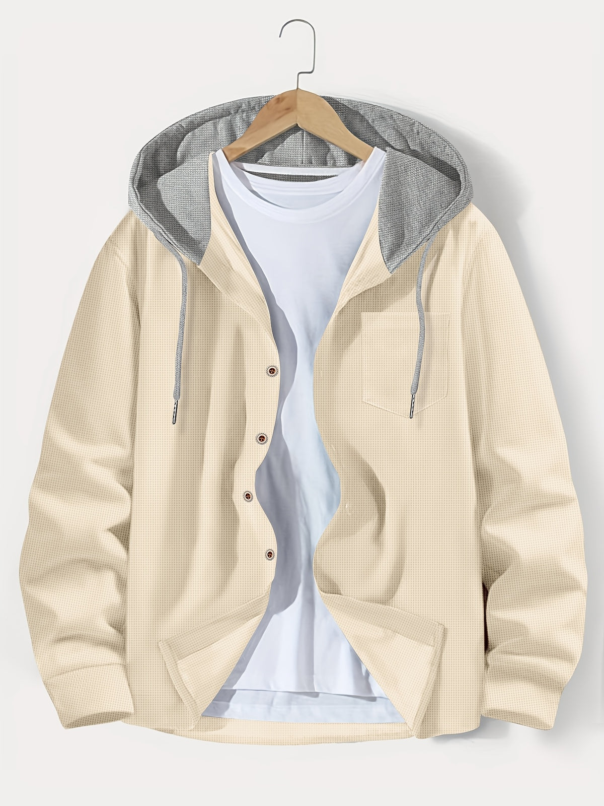 Men's Casual Hooded Jacket - Soft, Breathable Polyester with Button-Up Design & Pockets | Perfect for Spring, Fall & Outdoor Activities, Long Sleeve, Fashion, Daily, Leisure Style, Conventional Version - Khaki