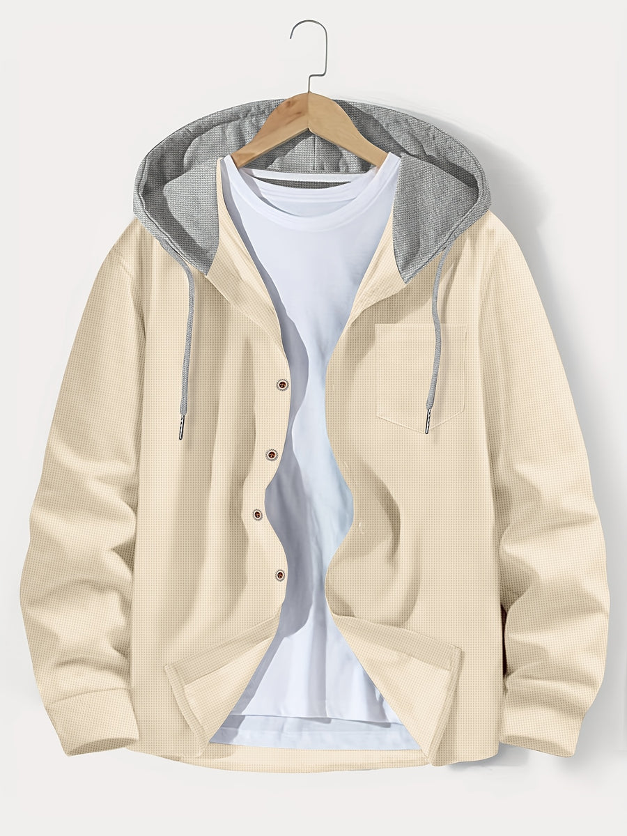 Men's Casual Hooded Jacket - Soft, Breathable Polyester with Button-Up Design & Pockets | Perfect for Spring, Fall & Outdoor Activities, Long Sleeve, Fashion, Daily, Leisure Style, Conventional Version - Khaki