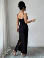Elegant Romantic Women'S Bridesmaid Dress with Exaggerated Bow, Pearl Thin Straps, Cinched Waist, Straight Silhouette, Suitable for Dates, Gatherings, Parties, Birthdays, And Various Occasions - Black&Red